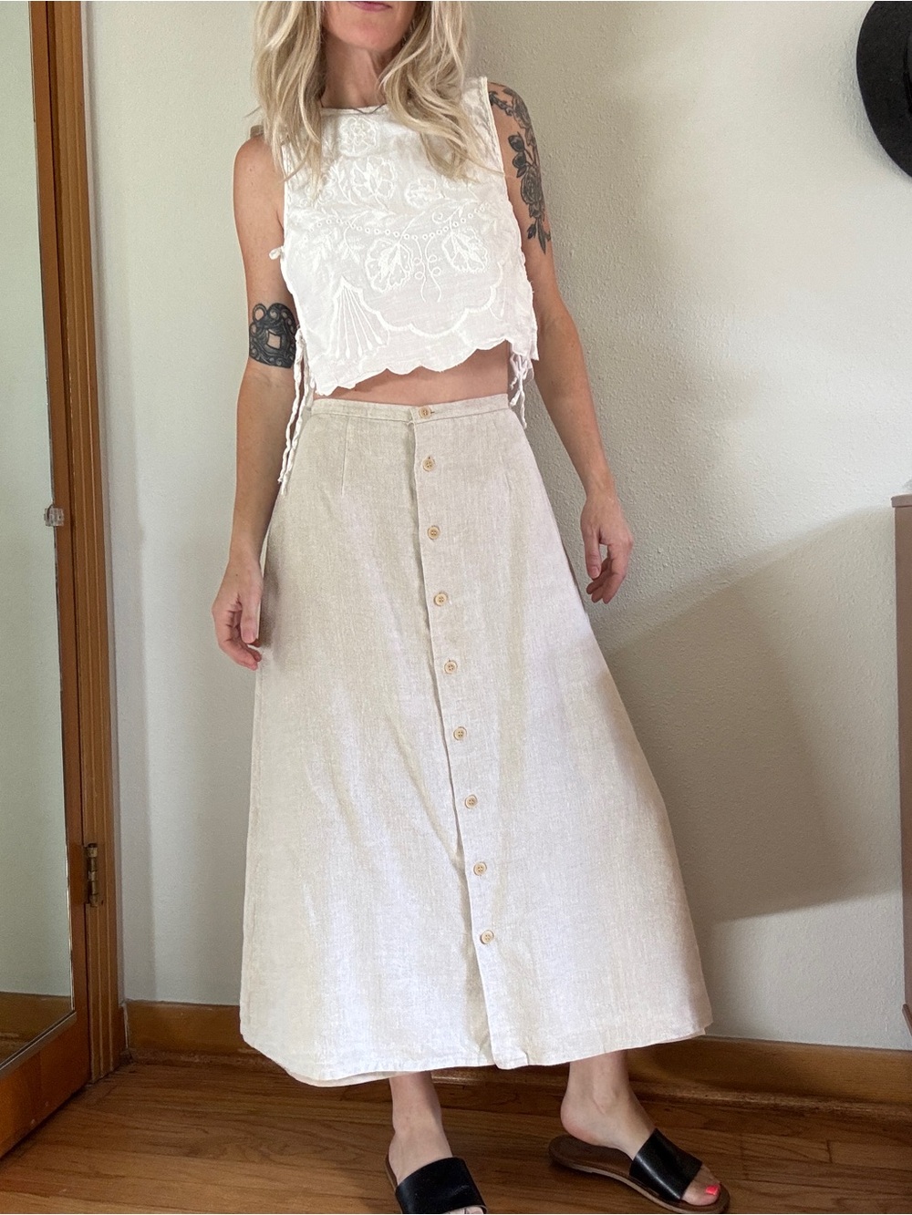 Vintage Talbots Irish Linen Button Front Maxi Skirt 4 Neutral Coastal Minimalist